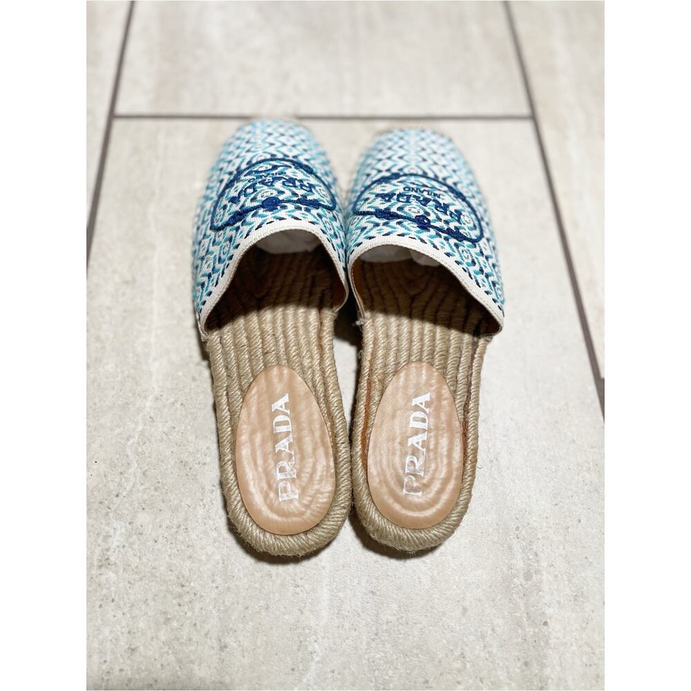 PRADA Nastro Jacquard Embroidered Logo Espadrille Mules Slip On Flats Sz 39 / 9 - Picture 5 of 10